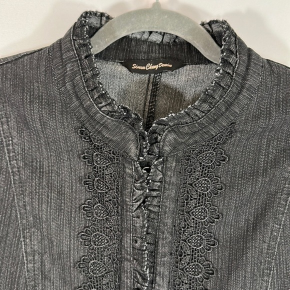 Simon Chang Black Embroidered Lace Detail Denim Jacket - Picture 7 of 14